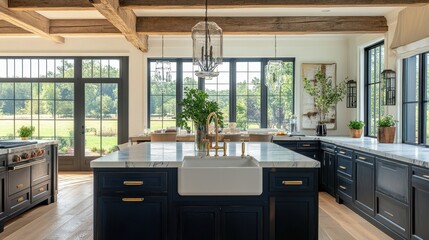 Fototapeta premium Modern Farmhouse Kitchen with Nature View.