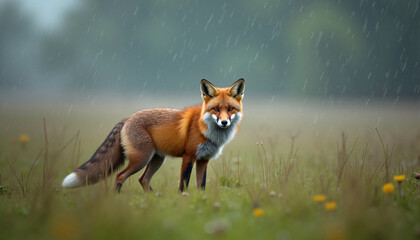 Fototapeta premium Red fox standing in the rain on a grassy field 