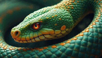 Fototapeta premium Illustration of vibrant green snake. Detailed scales, captivating eye, reptilian skin texture in Chinese painting, Anime game, Comic style. Wildlife theme, danger, wild nature.