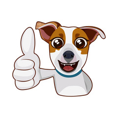 A cartoon dog that smiles and shows a like with a raised finger is highlighted on a white background. Vector image
