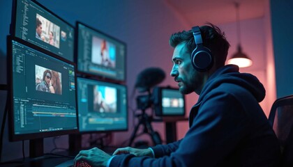 Film editor, video director working on computer in studio. Man wears headphones, looks intently at video footage on multiple displays. Cinema tech, creative pro editing video.