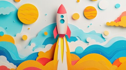 Paper cut Rocket ship launched to space. Flying cosmos shuttle taking off with colorful fire. Business booster, startup, future, aim concept. illustration on white background