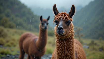 Llamas looking content in the rain against a mountainous backdrop  