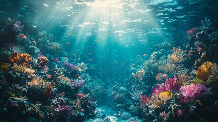 Fototapeta premium Vibrant Underwater Kingdom with Colorful Coral Reefs and Lively Marine Life Illuminated by Sunlight Rays