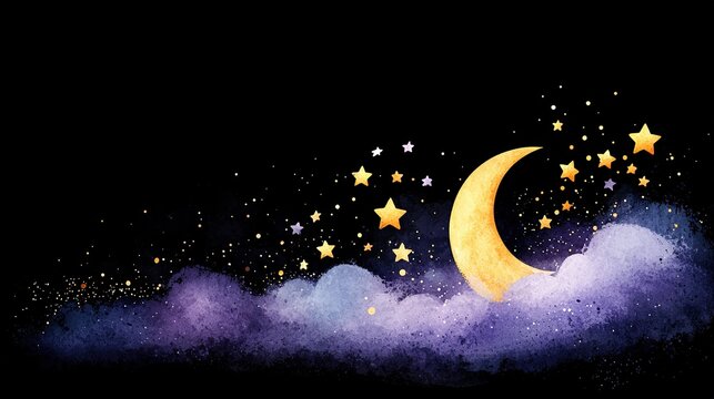   A crescent and starry night sky painting on a black background with cloudy details
