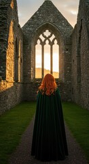 Naklejka premium Sunset Silhouette: A Woman in Green at a Historic Abbey