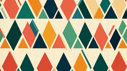 Colorful geometric pattern with overlapping triangles and diamonds on a beige background.