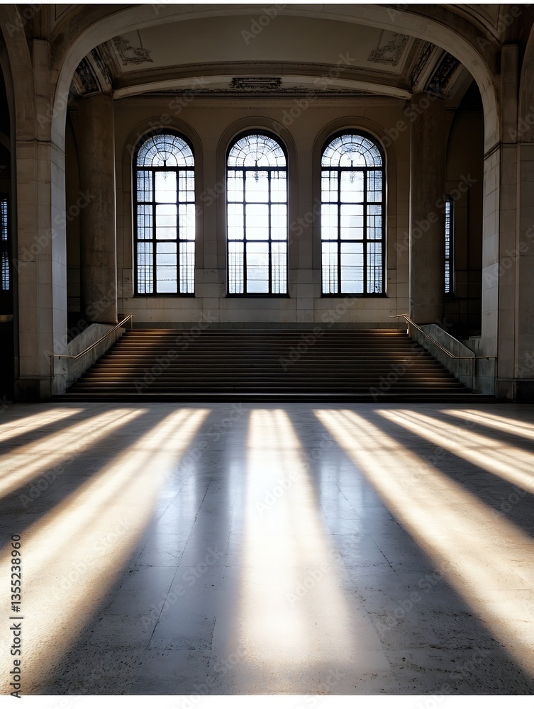 Poster an elegant architectural interior showcasing strong light beams through large windows : generative a