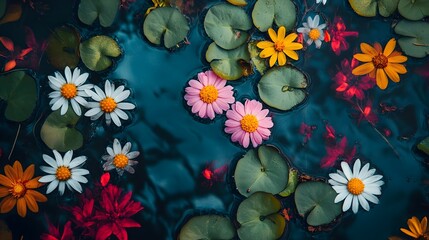 Fototapeta premium Floral Serenity: An enchanting display of colorful flowers and floating lily pads create a serene aquatic scene, capturing the beauty and tranquility of a natural water garden.