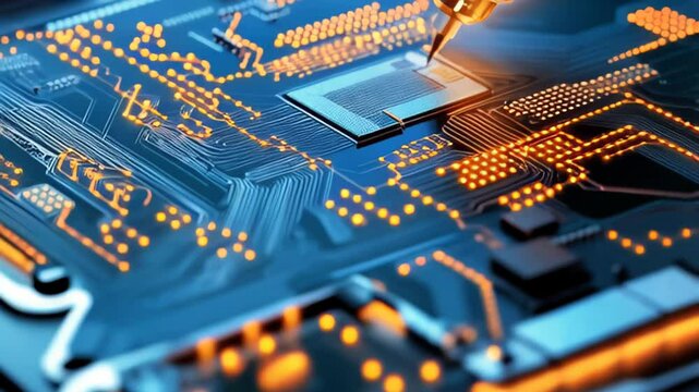 Close-up of a precision tool applying adhesive on a circuit board in a high-tech workshop