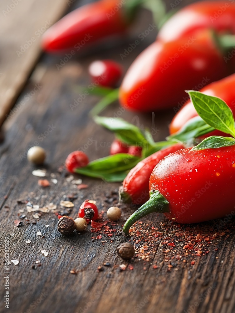 Poster fresh red chili peppers arranged on a wooden table with colorful spices and green basil leaves enhan