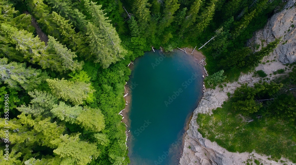Poster aerial view of a serene forest lake surrounded by lush green trees in a picturesque natural setting 