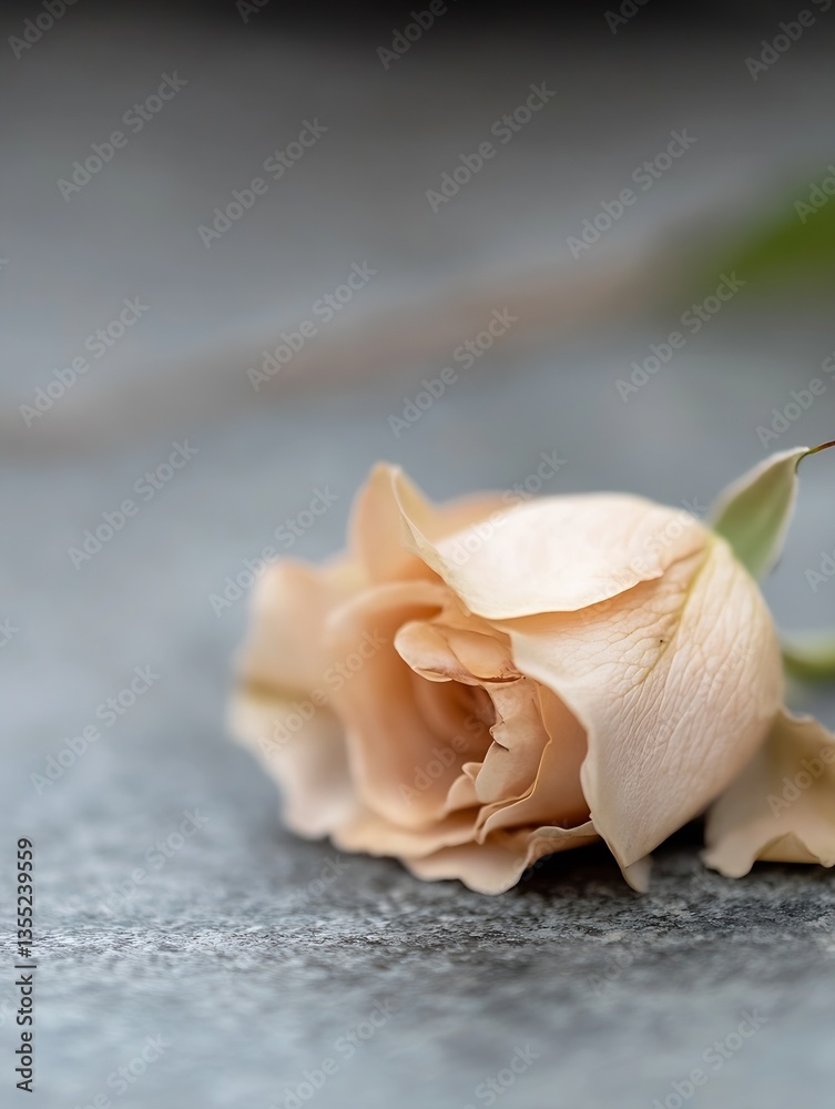 Poster Soft peach rose flower laying gently on a textured stone background with natural lighting : Generative AI