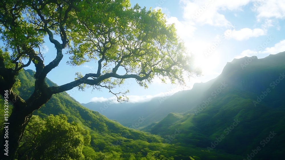 Poster lush green countryside with majestic trees and sunlight filtering through mountains in the backgroun