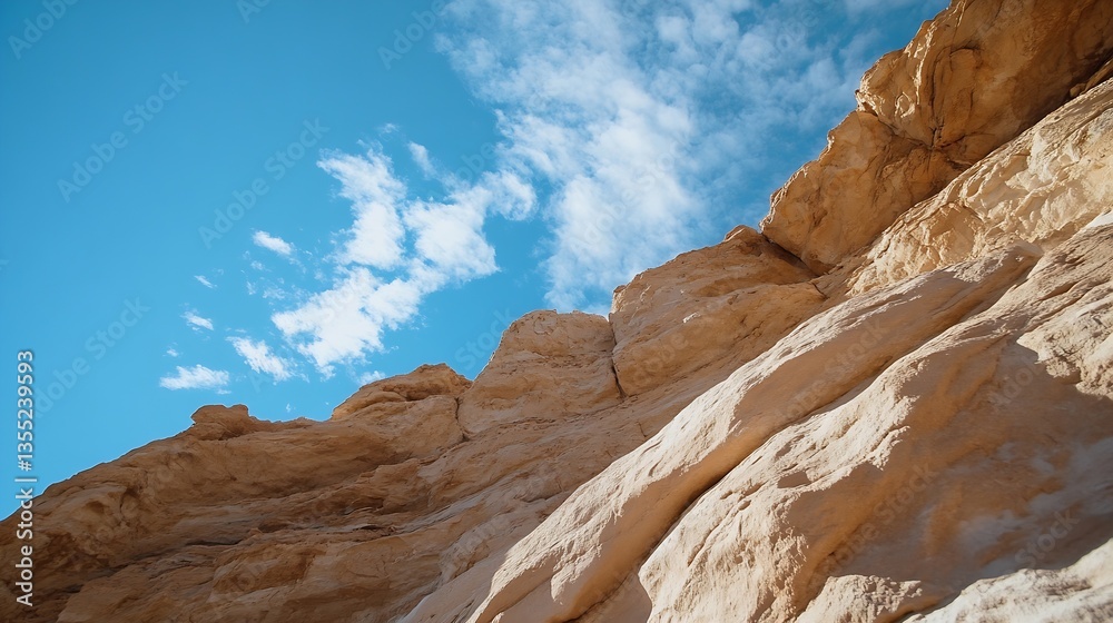 Poster dramatic view of rocky cliffs against a bright blue sky with clouds : generative ai