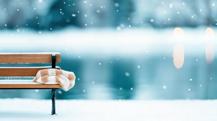   Wooden bench facing body of water, covered by two blankets