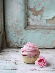 Delicious cupcake topped with pink frosting resting beside a delicate rose on a vintage surface : Generative AI