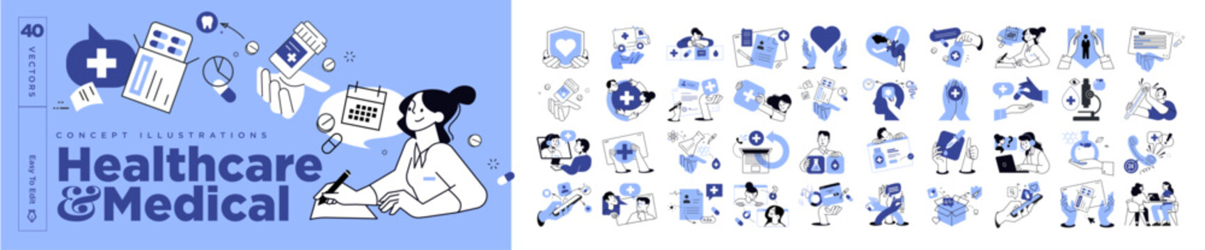 Healthcare and medical concept illustrations. Set of people vector illustrations in various activities of medicine, healthcare, medical diagnosis and treatment, pharmacy, online medical support.