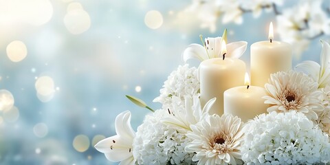 Obituary background for posters. Funeral composition with flowrs and candles. Funeral poster, banner background, space for text, burning candles, funeral concept. Memorial card, funeral invitation