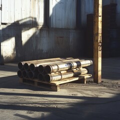 A wooden pallet used to support a stack of large metal pipes, positioned in an industrial yard, with the morning sunlight casting long shadows, sturdy and supportive.