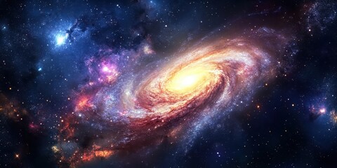 Fototapeta premium Breathtaking cosmic panorama featuring a luminous spiral galaxy, twinkling stars, and colorful nebula in the vast depths of outer space