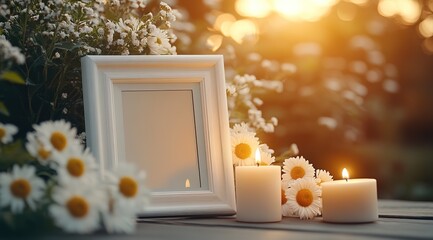 Obituary background for posters. Funeral composition with flowrs and candles. Funeral poster, banner background, space for text, burning candles, funeral concept. Memorial card, funeral invitation