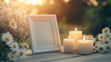 Obituary background for posters. Funeral composition with flowrs and candles. Funeral poster, banner background, space for text, burning candles, funeral concept. Memorial card, funeral invitation