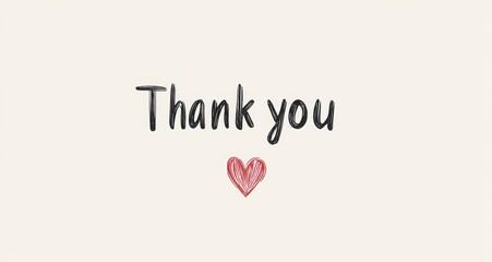 Thank you written in black letters with a red heart, isolated on a white background, cute and friendly digital art