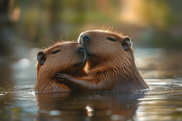 Affectionate Capybaras Embracing in Water