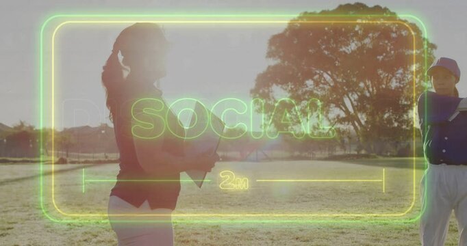 Playing baseball, people with SOCIAL 2m text animation overlay on screen