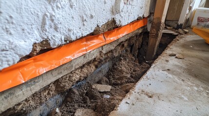 Basement Waterproofing Orange Membrane Installation.