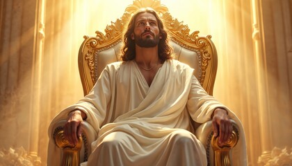 Jesus Christ sits on throne, looks upwards toward heaven. Golden throne, white robe. Religious figure, savior, symbol of faith, hope. Spiritual leader, divine light. Christianity, faith, belief,