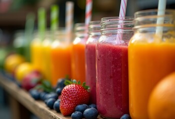 Wooden Table with Mason Jars of Vibrant Juices and Fresh Fruits