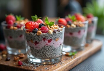 Layered Chia Seed Pudding with Fresh Fruits and Granola in Glass Bowls
