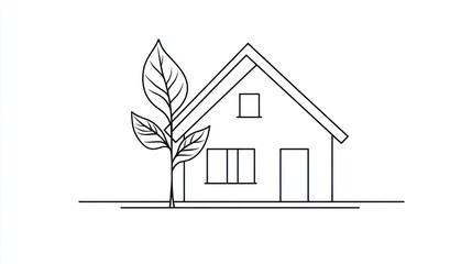 Simple illustration of a house and tree, eco-friendly home, peaceful scene, for use in design projects