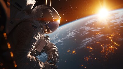 Fototapeta premium Astronaut Gazing at Earth During Sunrise in Space, Capturing the Beauty of the Planet and Cosmic Wonder