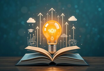 A glowing lightbulb on an open book with upward arrows and symbols against a teal background