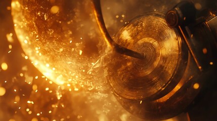 Grinding wheel creates sparks in warm light