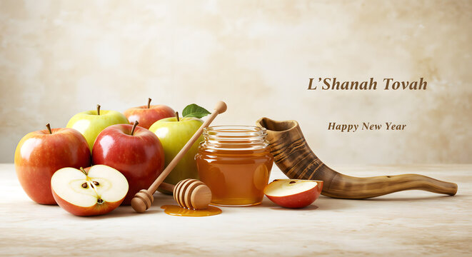 Apples, honey, and shofar for Rosh Hashanah with greeting text