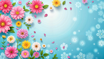 Vibrant flower petals floating on serene blue background, natural beauty
