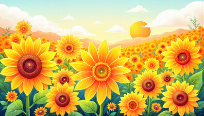 Obraz premium Vibrant sunflowers blooming in a summer field, joyful abundance