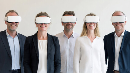 A group of five smiling business professionals wearing identical white virtual reality headsets in front of a plain white background.
