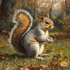 Obraz premium A grey squirrel sits amidst autumn leaves, sunlight filtering through the trees. Detailed fur and foliage