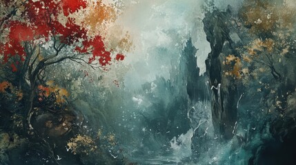 A painterly landscape featuring trees and cliffs near a waterfall