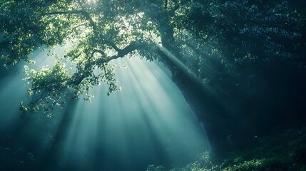 Obraz premium Sunlight Through the Canopy: Captured from a low angle, sunlight streams down through the leaves of the towering tree, creating a mesmerizing play of light and shadow.