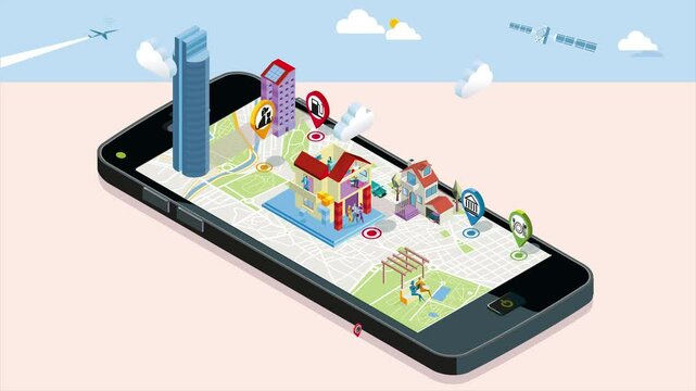 City map with GPS services Icons on  Smartphone. On it screen a map of the city, where  appear pins with the location of different service icons and some buildings and people. 2D animation