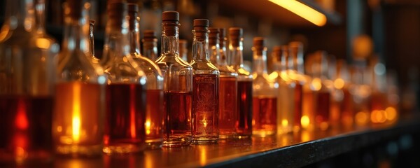 Amber liquor bottles lined up on bar shelf. Glow of spirits creates inviting, cozy atmosphere. Variety of alcoholic drinks, tasting, nightlife, leisure, premium distilled beverages.