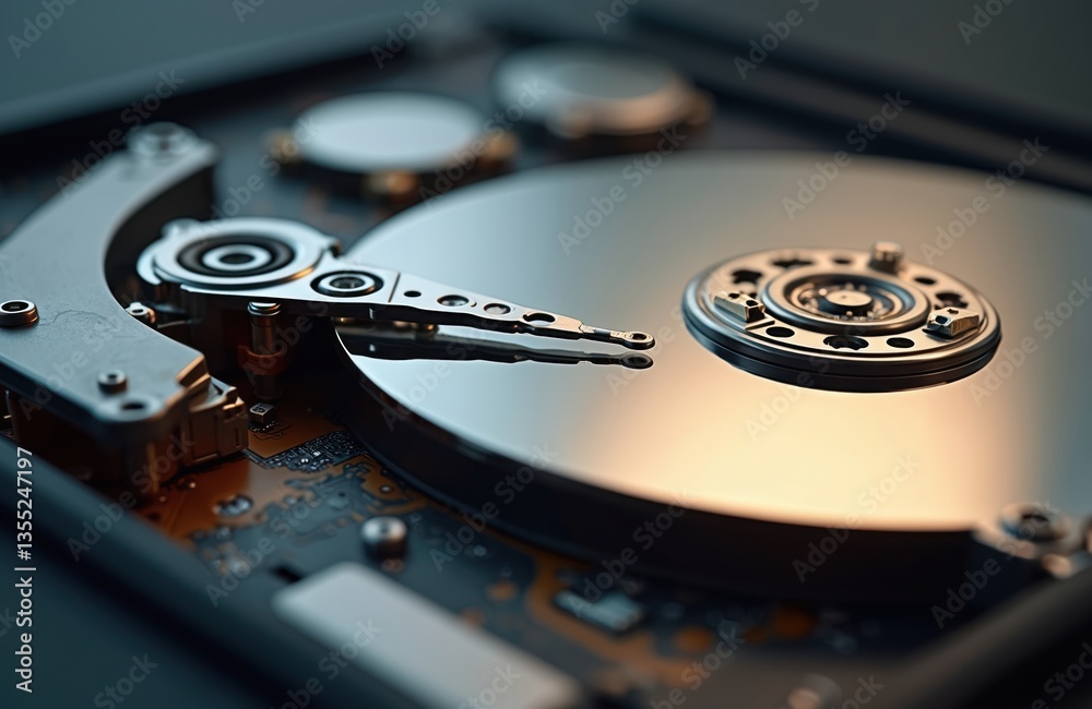 Aufkleber Close-up of laptop hard disk drive. Computer hardware storage data, data backup, digital information. Metal disk. Tech, engineering, data center, repair service illustration. Modern tech. Information