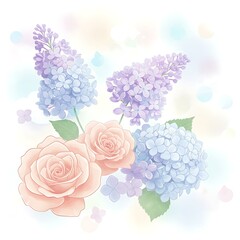 There Are Three Roses And Two Lilas On A White Background