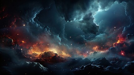 Fantasy alien planet. Mountain and sky with clouds.